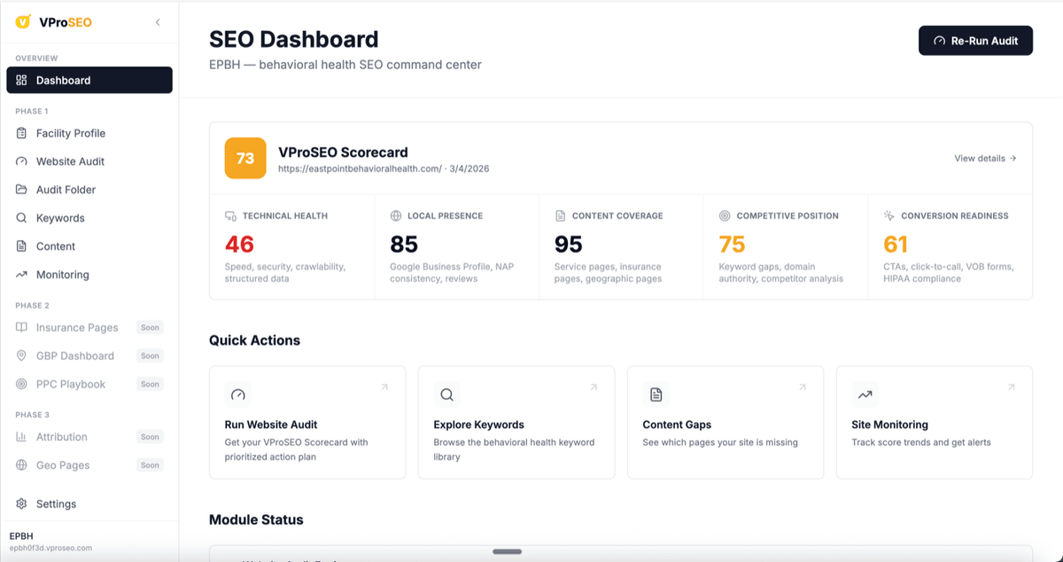 VProSEO Dashboard — SEO scorecard with 5-dimension scoring, quick actions, keyword explorer, content gaps, and site monitoring